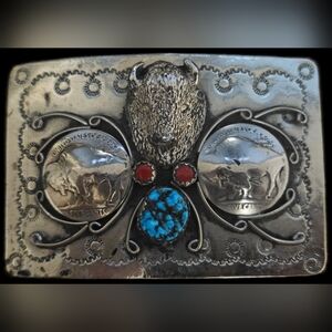 Nickel Silver Bison Head- Buffalo Nickels- Turquoise & Coral Belt Buckle (READ)